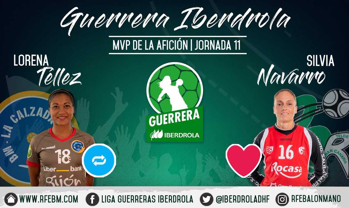 🏆 #LigaGuerrerasIberdrola
📊 Jornada 11
#⃣ #GuerreraIberdrola 
🆚 <a href="/CBLaCalzada/">Club Balonmano MotiveMarket.com La Calzada</a> : <a href="/BMRemudas/">Rocasa Gran Canaria</a> 
♻️ RT: <a href="/LorenaAideTell1/">Lorena Aide Tellez #18</a> 
❤️ Me gusta: <a href="/SilviNavarro16/">𝕊𝕚𝕝𝕧𝕚𝕒 ℕ𝕒𝕧𝕒𝕣𝕣𝕠 𝟙𝟞</a>
