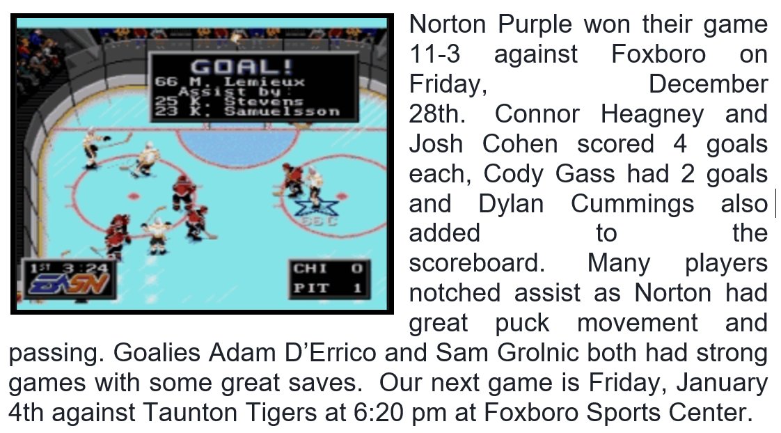 NortonMiddle's tweet photo. #NMSLancersLEAD Norton Middle School Hockey. I know @javblake8 will appreciate the hat tip to the old school penguins and one of the greatest passers and scorers of all time. https://t.co/cdkmgy7YGt