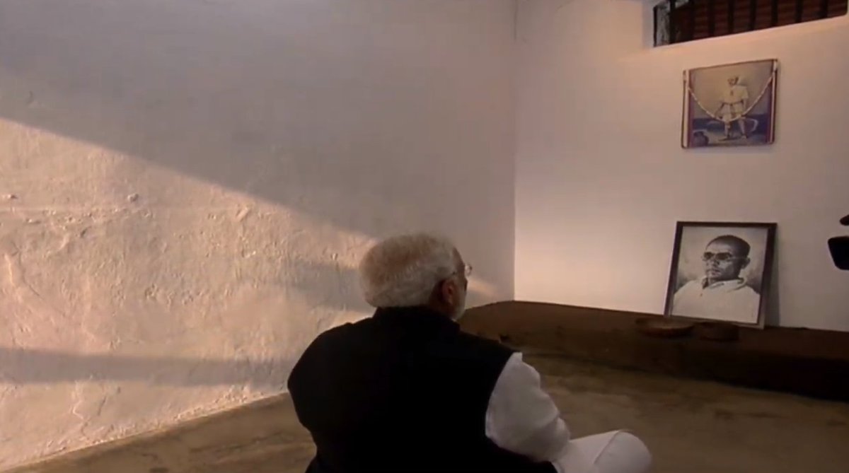 BJP4India's tweet photo. अंडमान-निकोबार की सेल्यूलर जेल में प्रधानमंत्री @narendramodi. https://t.co/h8p2NBvu6i