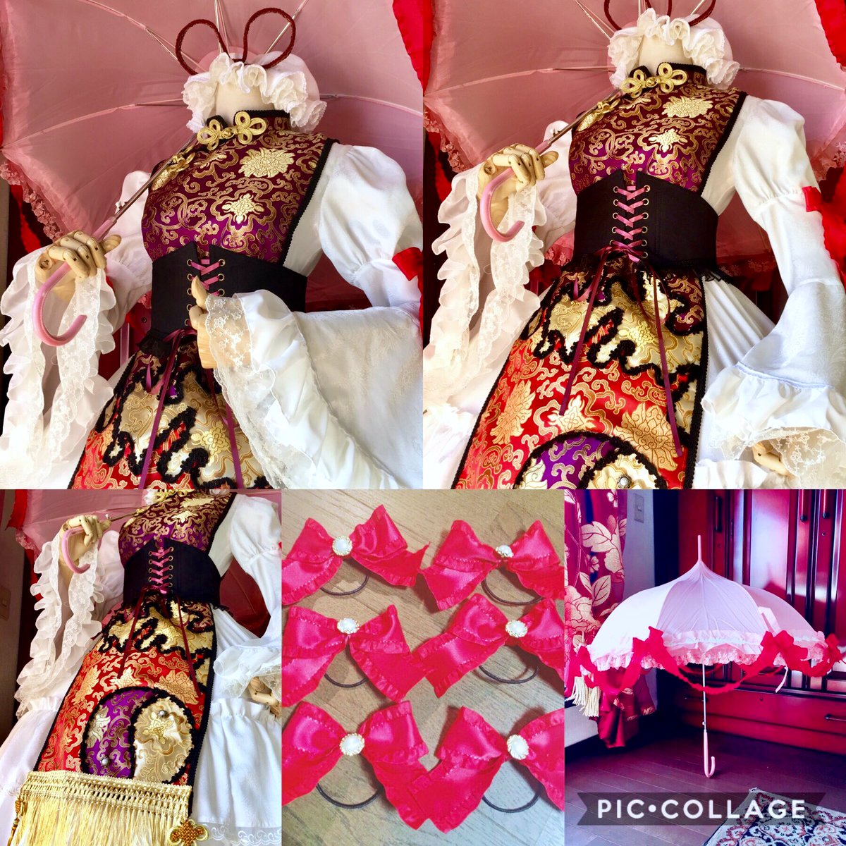 真白 東方project 八雲紫 永夜抄 導師服 アレンジ衣装 日傘 完成致しました アンダードレス 姫袖共にジャガード生地 大量のチュールレースを使用大ボリュームの衣装です 前掛けはチャイナジャガードにて製作致しました