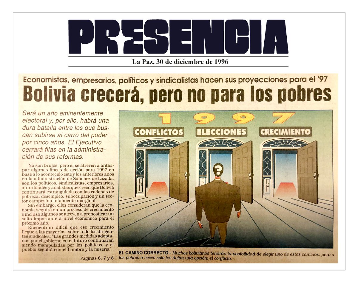 evoespueblo's tweet photo. Como hoy, 1996, un titular de periódico decía: “Bolivia crecerá, pero no para los pobres”, reflejando opiniones de especialistas y líderes sindicales. El gobierno de Goni y Cárdenas implementó la capitalización para favorecer a empresarios y élites, pero nunca pensó en el pueblo. https://t.co/s5ng13xAoy