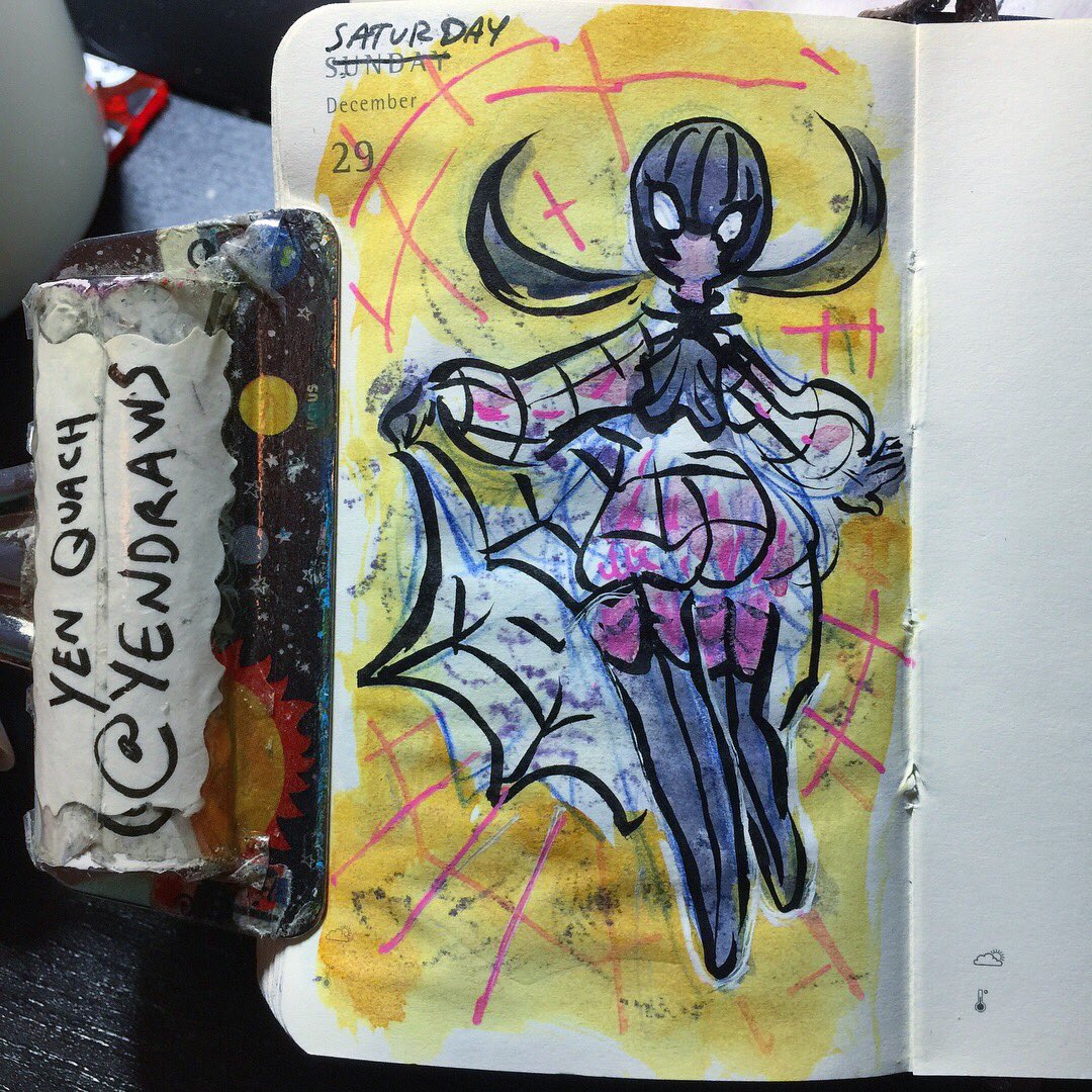 YenDraws's tweet photo. I’ve seen the #spiderman movie and now have a #spidersona 🕸 #illustration #characterdesign #sketch #draweveryday #ded2018 #fanart #moleskine #watercolor https://t.co/Vnc0UmRoNI