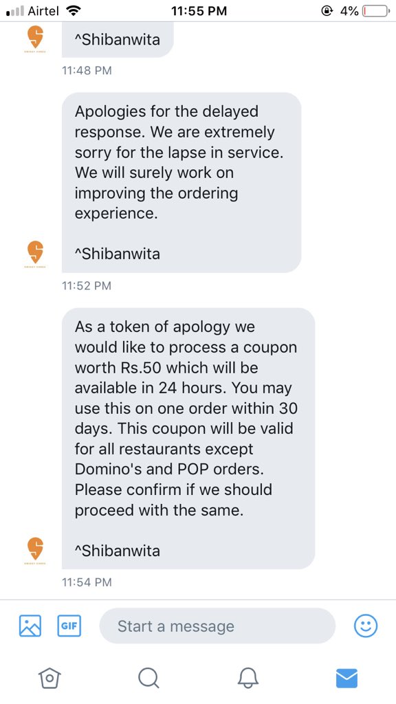AnishaGeorge9's tweet photo. @SwiggyCares Oh and @swiggy_in @SwiggyCares decided the compensatory voucher amount based on the number of follower you have. I inadvertently tweeted from an old account I have and this is what they offered me for the same issue. @rahuljaimini @nandanreddy @harshamjty Did you know about this? https://t.co/z0tUzoNi6e