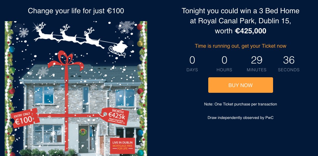Due to a phenomenal demand for tickets, online sales will remain open until 7pm. That's 29 minutes from time of posting! Buy yours and you could win a house worth €425,000 this evening and change your life! winahouseindublin.com