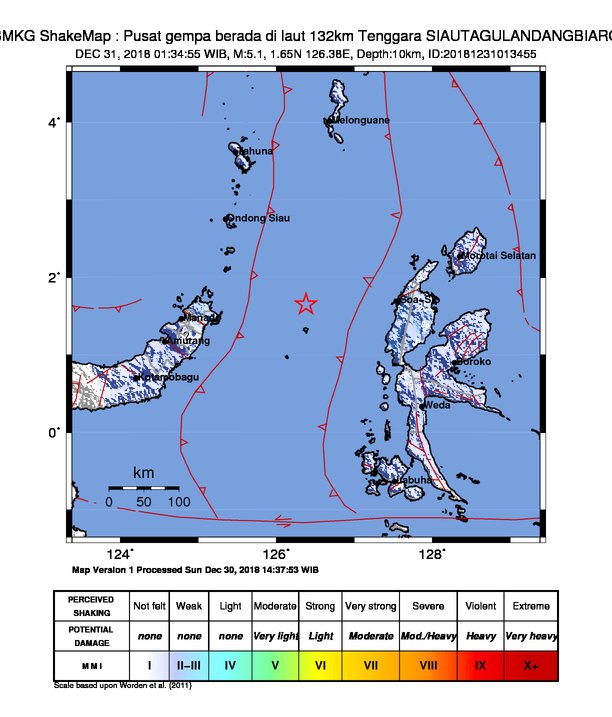 #Gempa Mag:5.1, 31-Des-18 01:34:55 WIB, Lok:1.65 LU, 126.38 BT (Pusat gempa berada di laut 132km Tenggara SIAUTAGULANDANGBIARO), Kedlmn:10 Km Dirasakan (MMI) II-III Minahasa Tenggara #BMKG