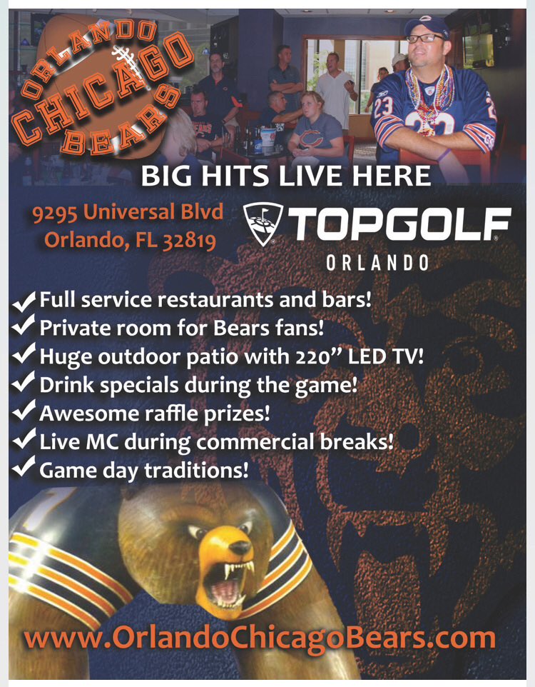 OrlChiBears's tweet photo. Today @Topgolf Orlando for the #BearDown Game Day Party Lower Level Lounge and Outside Patio with the #Orlando #ChicagoBears Fans Kick off at 4:25
#TopGolfOrlando #TopGolf 
#OrlChiBears #BeObsessed #Chicago #BearsNation #GoBears #DaBears #Florida #MonstersOfTheMidway #superfans https://t.co/mQQkq9RG3Z