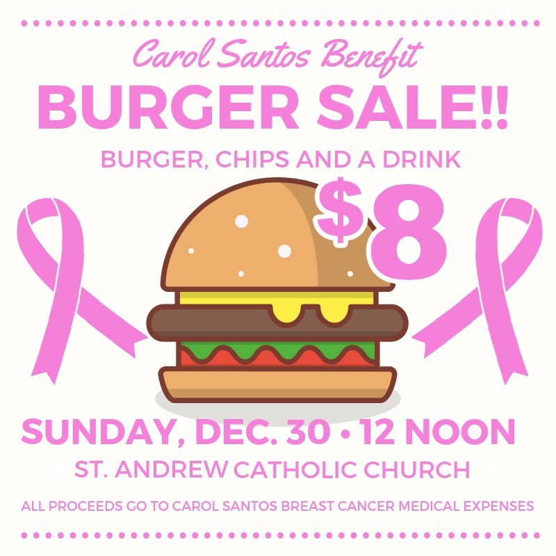 BesTeesDesigns's tweet photo. Burger Sale today! 
SUPPORT CAROL SANTOS!! 
St. Andrew Church in Pleasanton at noon.
$8 burger, chips and drink! https://t.co/2cM4s2cIxU