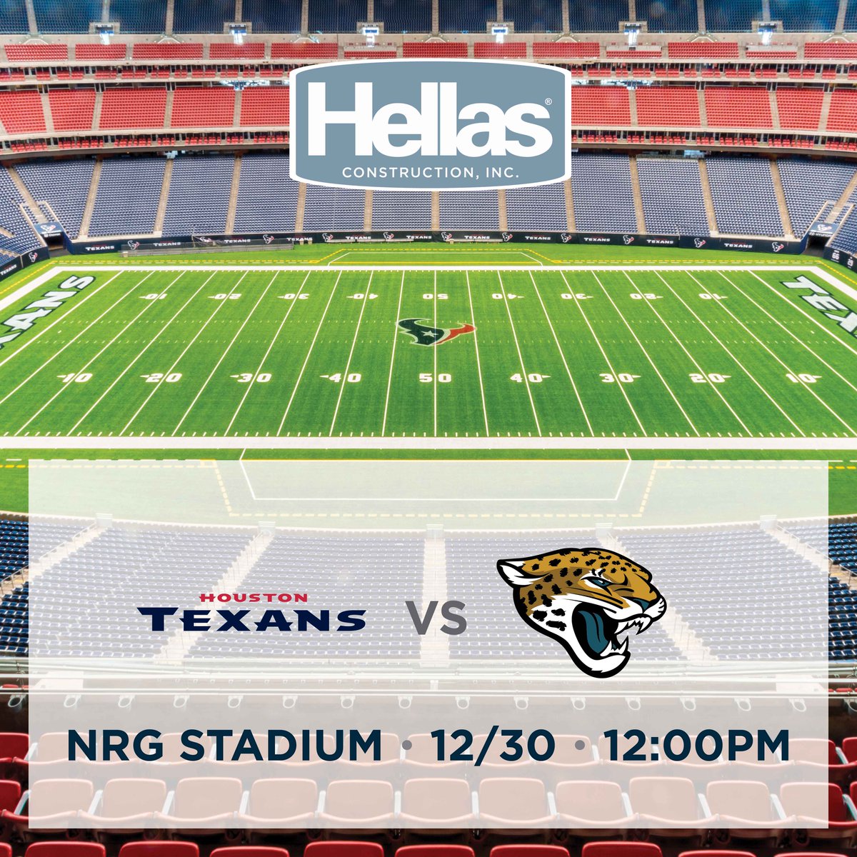 HellasInc's tweet photo. Today is the final game of the regular season for the @HoustonTexans. Looking to head in to the playoff with a win against the @Jaguars at @nrgpark.
#HellasBuilt #NFL #HoustonTexans #JacksonvilleJaguars #WeAreTexans #JACvsHOU #Football #Sports #construction #DUUUVAL#AFCSouth https://t.co/MIec2TdPke