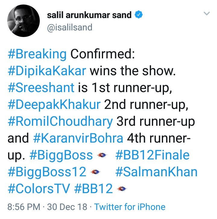 iamjavedalam's tweet photo. Now it's confirmed #DipikaKakar won the #BiggBoss12 
Congratulations @ms_dipika

Rt if you are happy🔁
#BB12 #BiggBoss12Finale https://t.co/QOYi3rwTMu