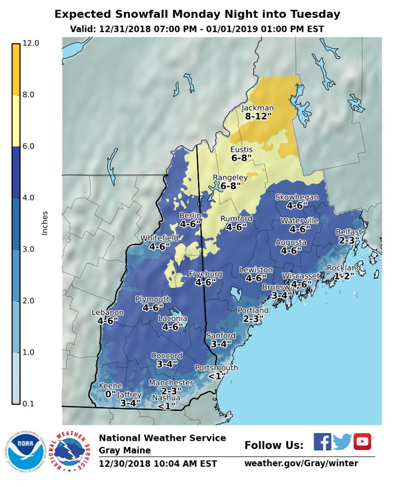 New Years Eve will be accompanied by a mixed bag of precipitation over southern areas while the mountains get some meaningful snowfall.  If you're on the road, drive carefully - if you venture out onto the trails - remember there's a lot of ice under that snow!   #THINKSNOW