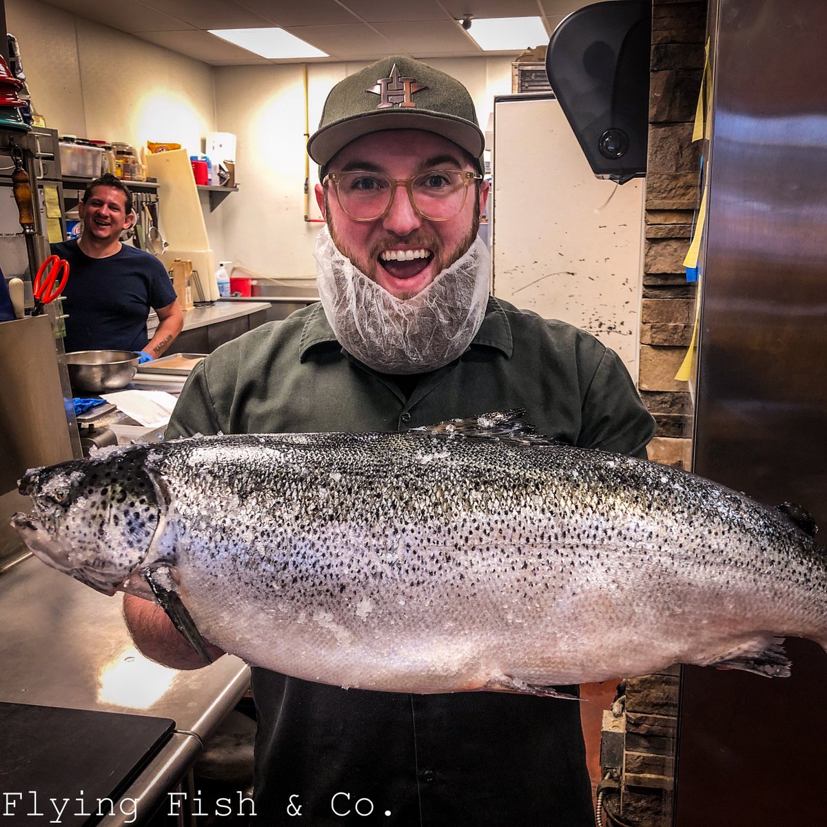 WVFlyingFish's tweet image. We will be OPEN regular hours for New Year’s Eve, and closed New Year’s Day. Come on in for all of your last-minute seafood needs for your NYE celebrations! 🎉🥳

And if you weren’t excited enough, here’s a picture of Trevor holding one of the huge salmon that we filet in house!
