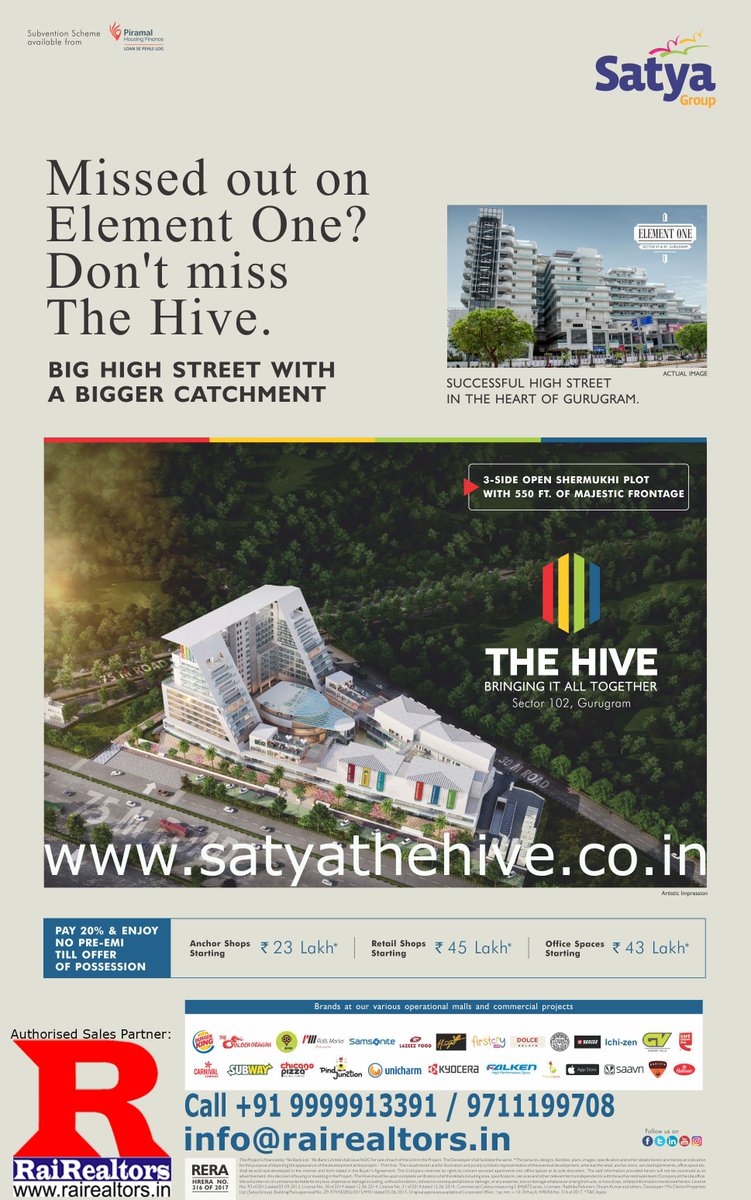 satyahive's tweet photo. #AssuredReturnProjects on #DwarkaExpressway #SatyaHive #HighStreet #retail #Shops #Offices &amp; #ServiceApartments. #Buy with #downpayment #PLPPlan or 20-80 #SubventionScheme. #Investments starting @29Lacs on #FirstFloor &amp; #39Lacs #GroundFloor. click here for https://t.co/HBkg2ZK5MR https://t.co/yibJWLuaVN