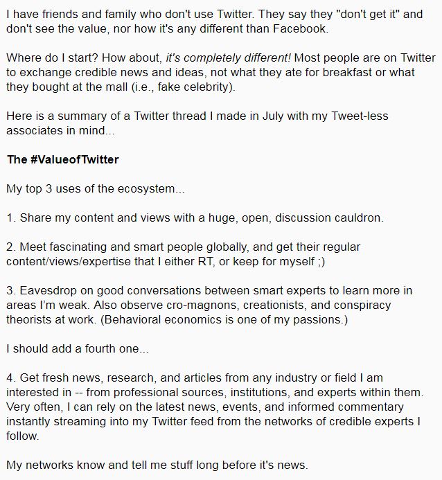 KevinBCook's tweet photo. The #ValueofTwitter is... "communities of knowledge." Below, how I try explain it to perplexed family & friends ;) I bought $TWTR recently and in linked article I name 10 knowledge communities I crave on Twitter: finance, science, edu, health, sports, tech https://t.co/k65g4L39KV https://t.co/lj1w1TbY7h