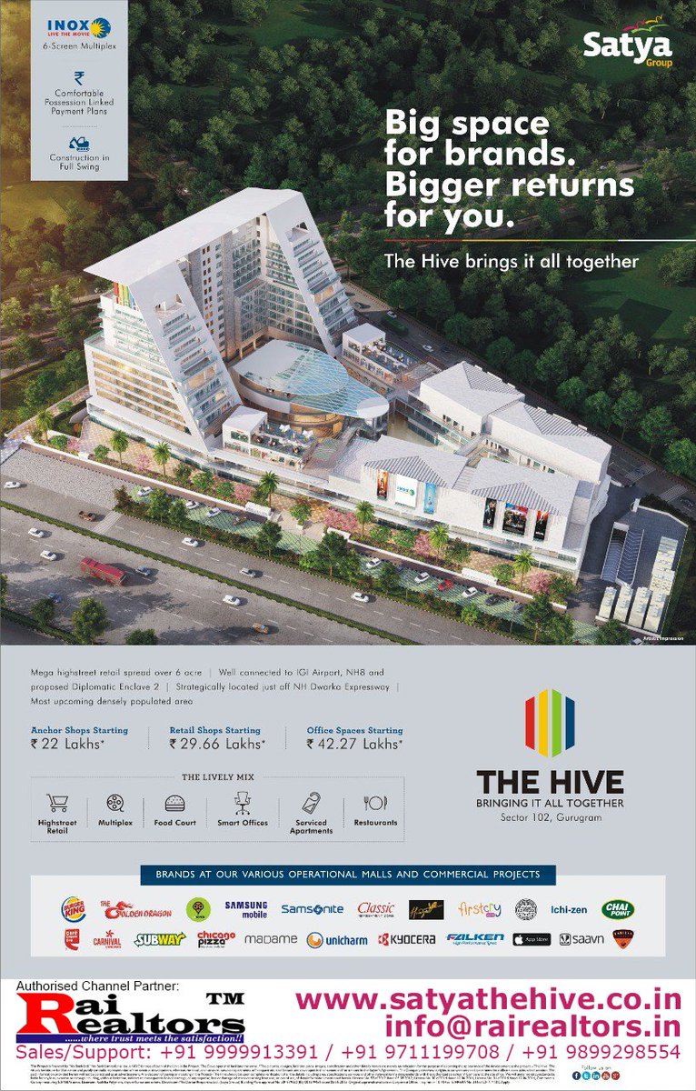 satyahive's tweet photo. #AssuredReturnProjects on #DwarkaExpressway #SatyaHive #HighStreet #retail #Shops #Offices &amp; #ServiceApartments. #Buy with #downpayment #PLPPlan or 20-80 #SubventionScheme. #Investments starting @29Lacs on #FirstFloor &amp; #39Lacs #GroundFloor. click here for https://t.co/HBkg2ZK5MR https://t.co/yibJWLuaVN