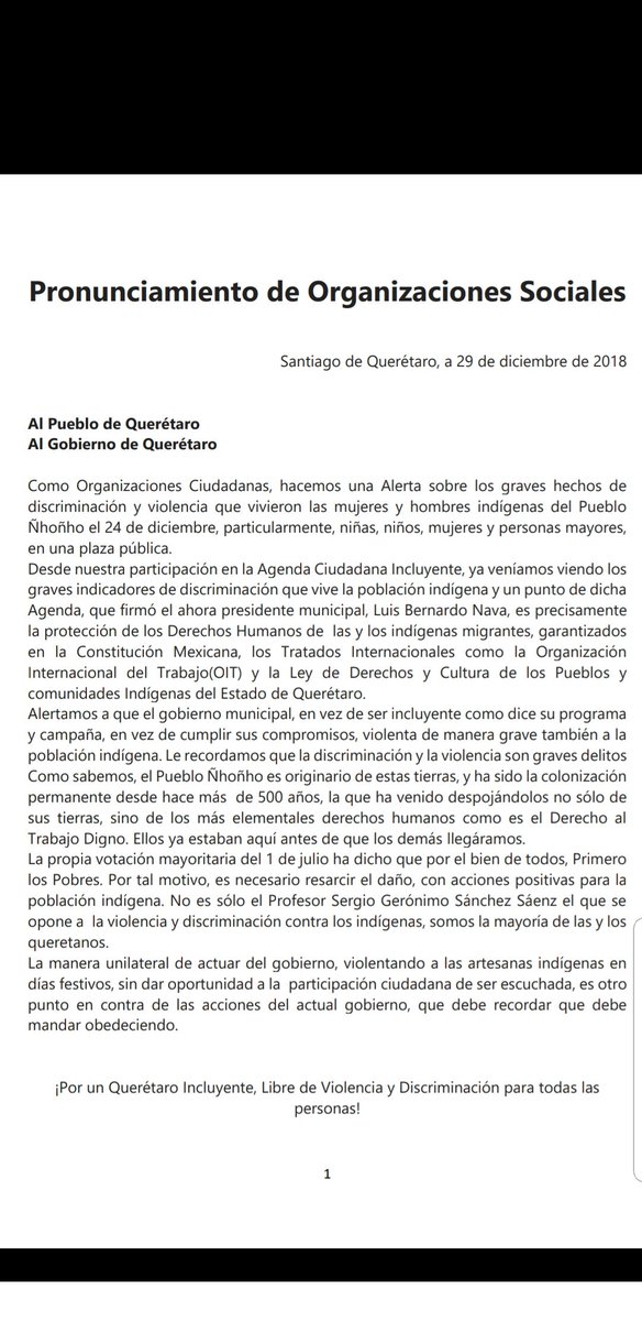 FrenteQueretano's tweet photo. Pronunciamiento de OSC y personas de #Queretaro sobre los graves hechos de #Discriminacion y #Violencia que vivieron las mujeres y hombres indígenas del Pueblo Ñhoñho el 24 de Diciembre @PanchDominguez @GilbertoHRuiz @LuisBNava @Casipolo @PlazaDeArmasQro @universalqro @DiarioQro https://t.co/BDFWZ7WaaR