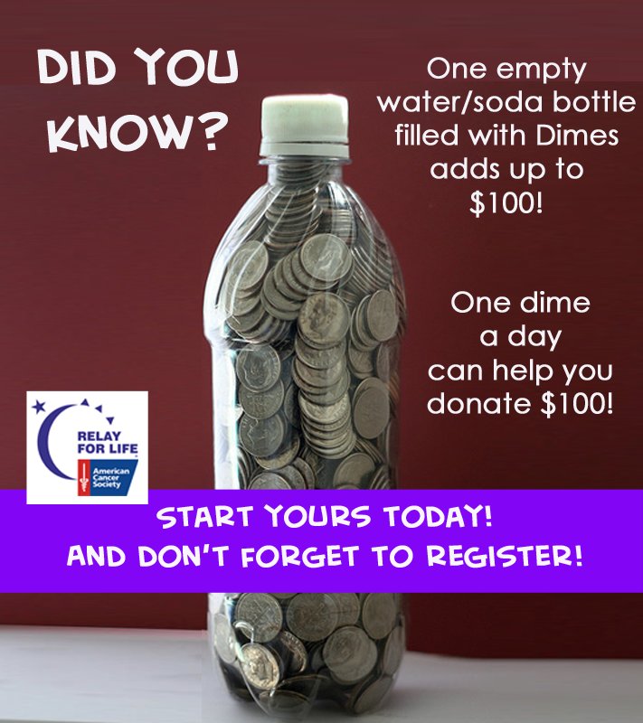 RFLTriValley's tweet photo. It's almost a new year. Why not start it off with a bang and start your Dime-a-Day bottle. With 174 days to go, you'll have plenty of time to earn your Relay T-Shirt! Whoohoo! https://t.co/AhSZ0T4wbn https://t.co/mipLRp6M2V