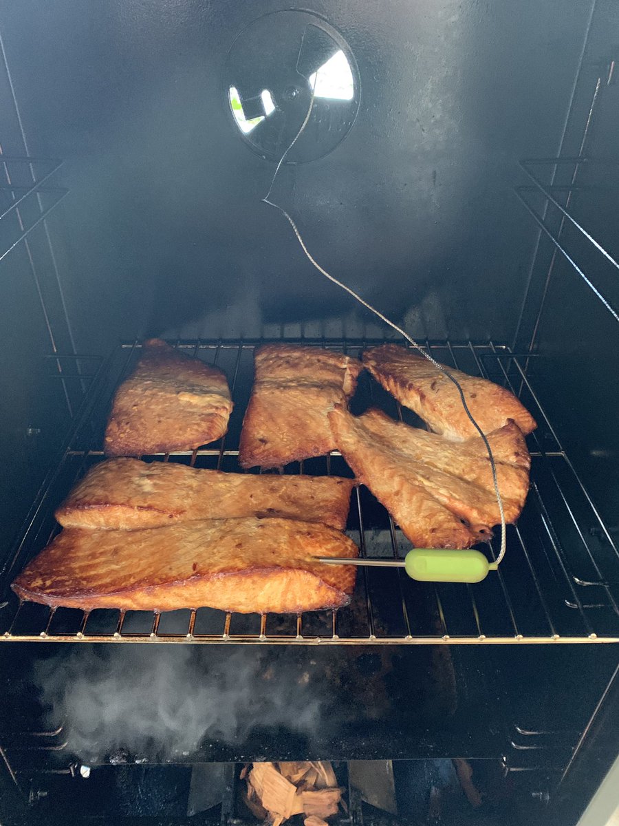 therydogg13's tweet photo. And it’s done. Turned out nice I think. Subtle marinade and good smoke flavor. Will definitely be messing with this all in the future. #smokedsalmon #ididit #stillcoldout https://t.co/sMov8K5sV8