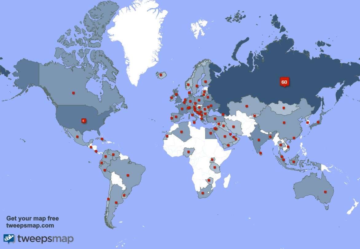 I have 6 new followers from Russia 🇷🇺, and more last week. See tweepsmap.com/!STRIZHI_RU