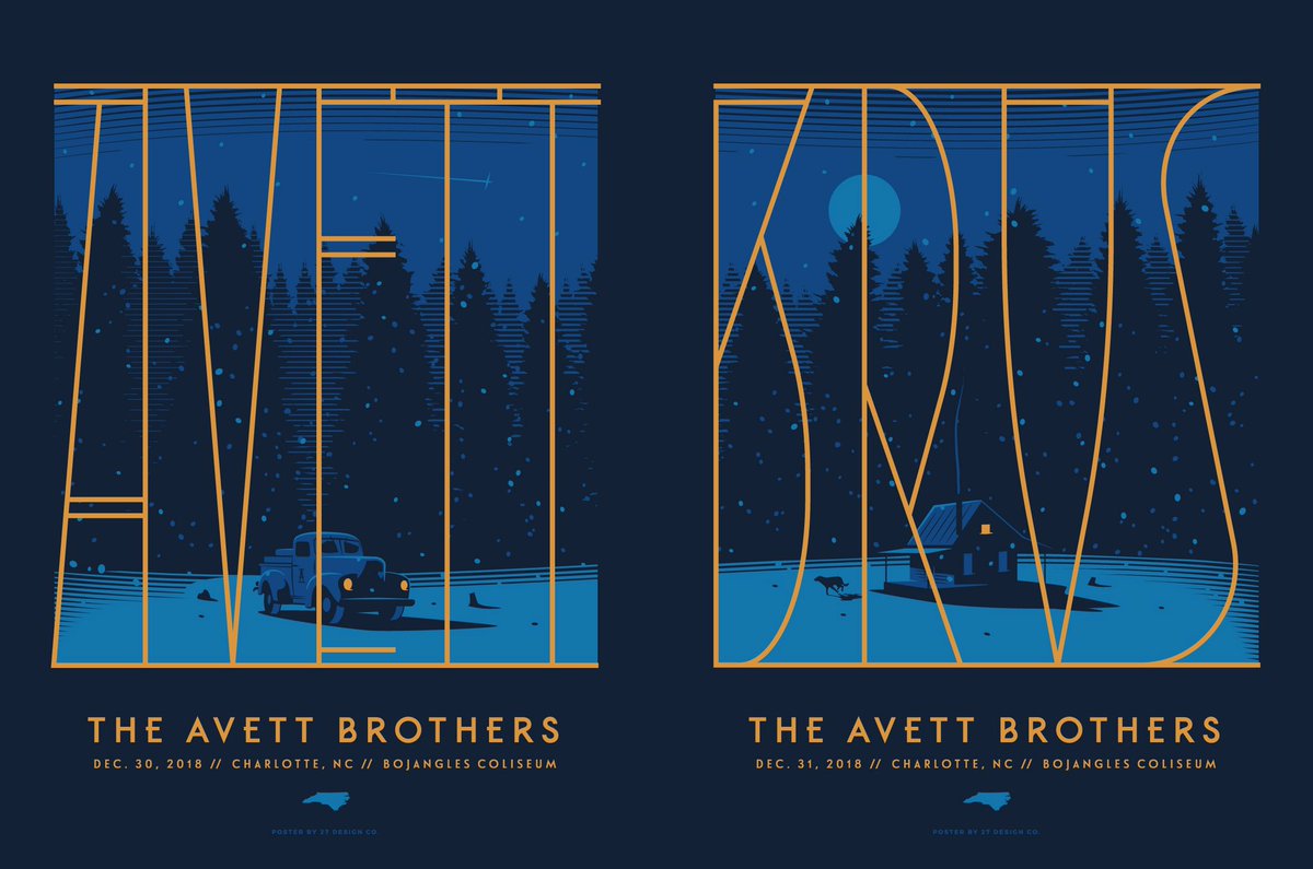 theavettbros's tweet photo. Looking forward to #AvettNYE at @BojanglesCol. 12/31 is sold out, but tickets remain for tonight: https://t.co/Lmd0Lsc6HP. Each event poster available its respective night; limited # of uncut sets available each night. Posters by @27designco. We will also have an event tee. https://t.co/STbd5tepOs