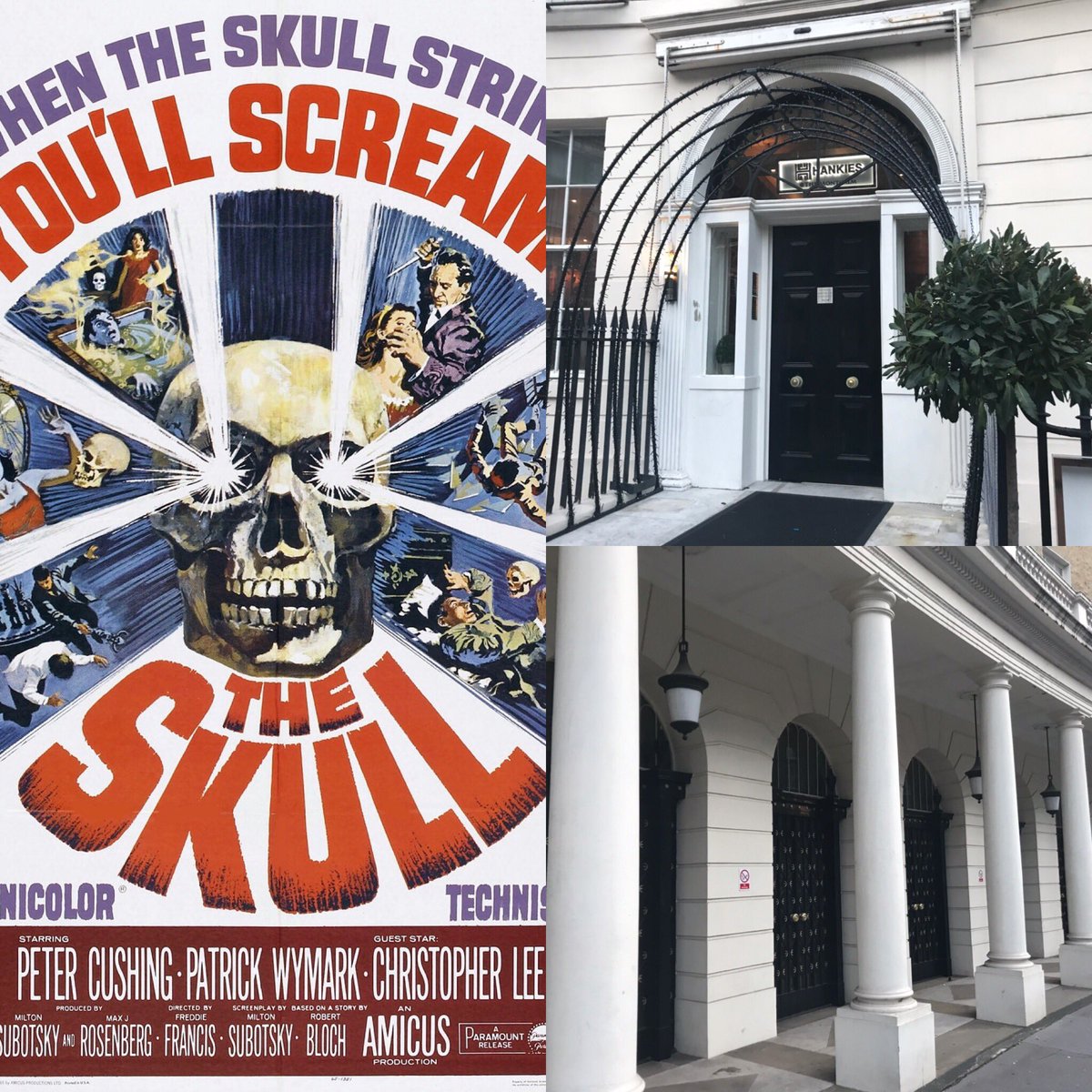The only film location in #FreddieFrancis cracking good Amicus production #TheSkull (1965). Stunning Georgian crescent Great Cumberland Place, Marble Arch. The #PeterCushing character’s house is now a restaurant. Iron work/railings & lamps all still recognisable!