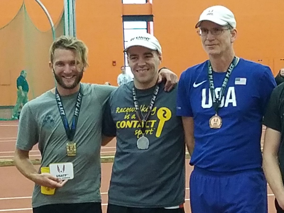dswarts's tweet photo. 2018 #USATF Indoor 5,000m #RaceWalk Champs, Rochester, NY... 1-2-3 Nick Christie, Michael Mannozzi, myself (#USATFmasterstrack title #48)
#USATFmichigan #RaceWalking #RunJackson #JacksonMI #RunMichigan #MichiganRunner #JHSalumni #EMUalumni #TruEMU #EMUtrack #JacksonCitPat #Mlive https://t.co/NbeTpH9200