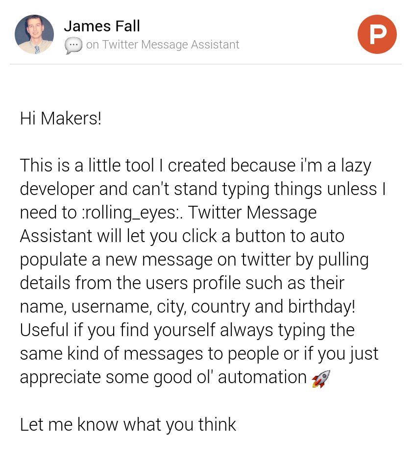 James Fall (@jamesfalluk) on Twitter photo My thoughts on Twitter Message Assistant on <a href="/ProductHunt/">Product Hunt 😸</a> producthunt.com/posts/twitter-… My thoughts on Twitter Message Assistant on <a href="/ProductHunt/">Product Hunt 😸</a> producthunt.com/posts/twitter-…