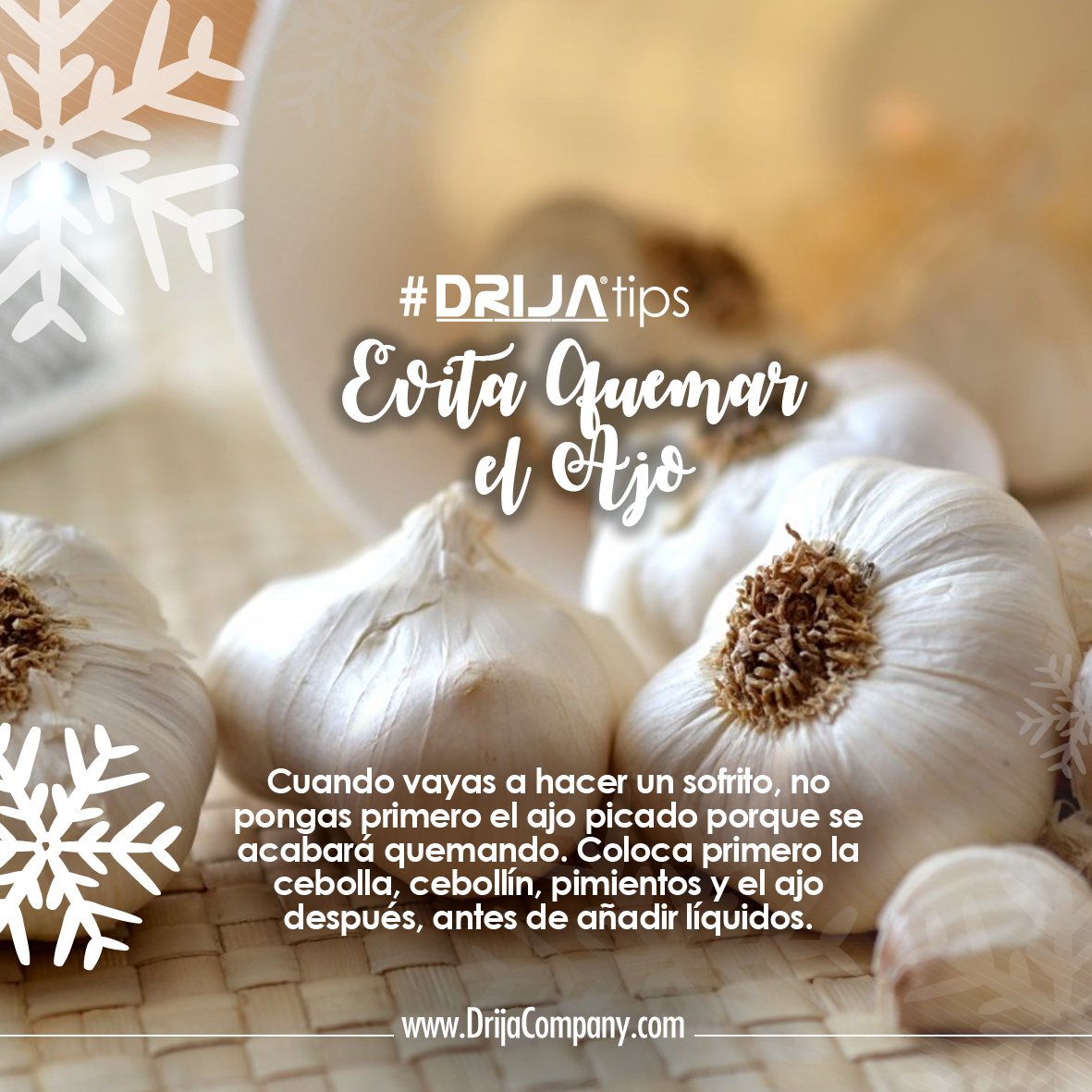 drija_int's tweet photo. #DrijaTips: Cuando vayas a hacer un sofrito, no pongas primero el ajo picado porque se acabará quemando. Coloca primero la cebolla, cebollín, pimientos y el ajo después, antes de añadir líquidos. #Drija #Sofrito #Ajo #CocinaconDrija #AmericaLatina https://t.co/XQLJzoiMPN