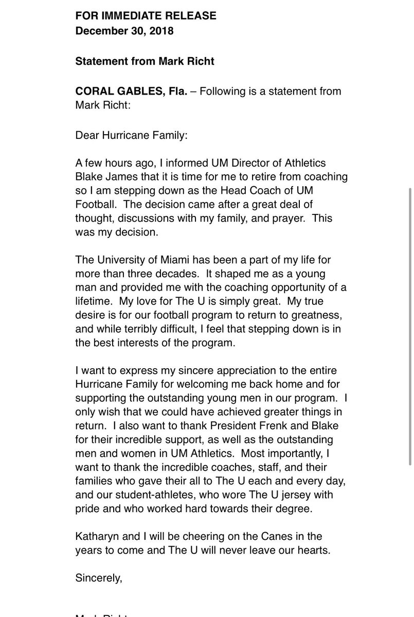 RapSheet's tweet photo. Big, somewhat surprising news to one of the most tradition-rich college football programs. Mark Richt is stepping down at The U. His statement: https://t.co/AXf0SRNViD