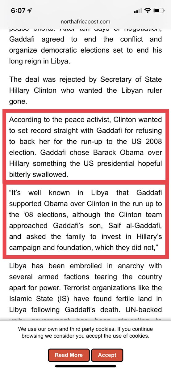 7. Hillary deposed Gaddafi because he refused to endorse her in 2008.So says Africa...  http://northafricapost.com/14396-libya-clintons-grudge-gaddafi-slid-country-chaos-us-peace-activist.html