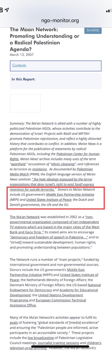 8b. As of Mar 2007, Maan Network was funded by the US Government among others.  https://www.ngo-monitor.org/reports/the_ma_an_network_promoting_understanding_or_a_radical_palestinian_agenda_/