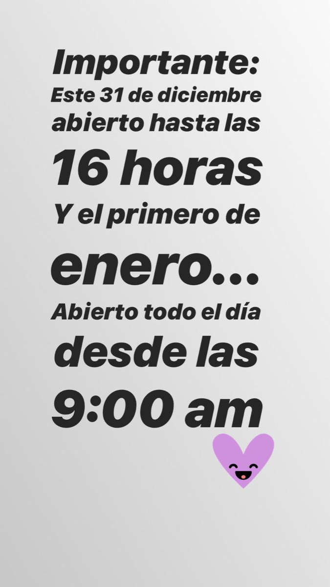 Información importante de nuestros horarios:
- 31 de diciembre abierto hasta las 16 horas.
- 01 de enero abierto todo el día desde las 9:00 am
⏰⏰⏰⏰⏰⏰⏰☎️☎️☎️☎️☎️☎️
