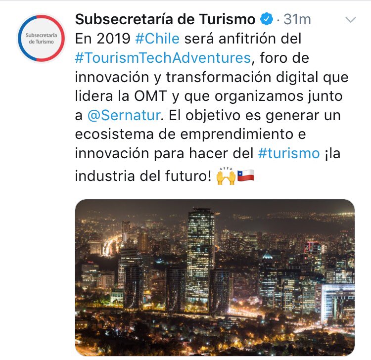 El próximo <a href="/UNWTO/">UN Tourism</a> #TourismTechAdventures para desarrollar el ecosistema turístico de las Américas se desarrollará en #Chile: país que apuesta por sus emprendedores y tiene al turismo como sector económico prioritario! Se acaba el 2018 lleno de grandes noticias para las Américas
