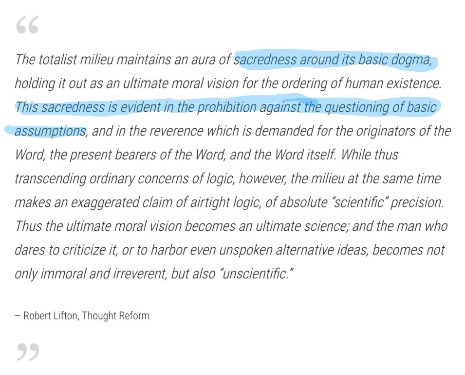 5. “Sacred Science”While every ideology makes assertions _of_ truth, for cults, ideological assertions/assumptions are _the_ truth. They are beyond dispute ... “Science.”