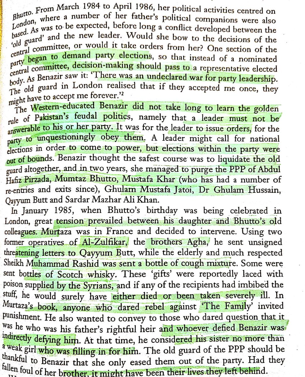 38/NAfter Zia released Great democratic leader BB, she went to London.Tension ensued as old PPP guards demanded party elections to make decision-making pass to an elected body.But not only BB purged old guards but got them threatened by his militant brother - Murtaza.