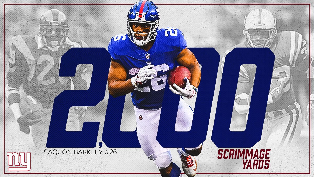 Giants's tweet photo. .@saquon just became the third rookie running back in NFL history to reach 2,000 total yards in a season! Eric Dickerson (1983) and Edgerrin James (1999) are the other two. #GiantsPride https://t.co/2EYYDCi1LP