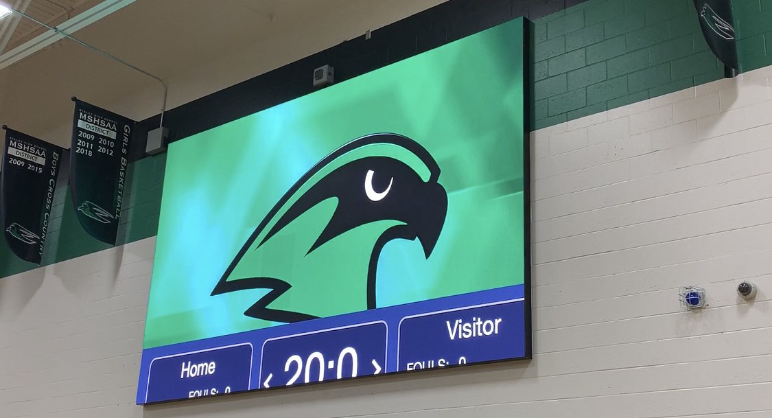 SHSFalcons's tweet photo. More photos of the new scoreboard in preliminary tests...getting ready to roll for the @StaleyLFBBALL game on Jan. 7! @NKCSchools @N2SportsStaley @StaleyNews https://t.co/QAh3xalfHu