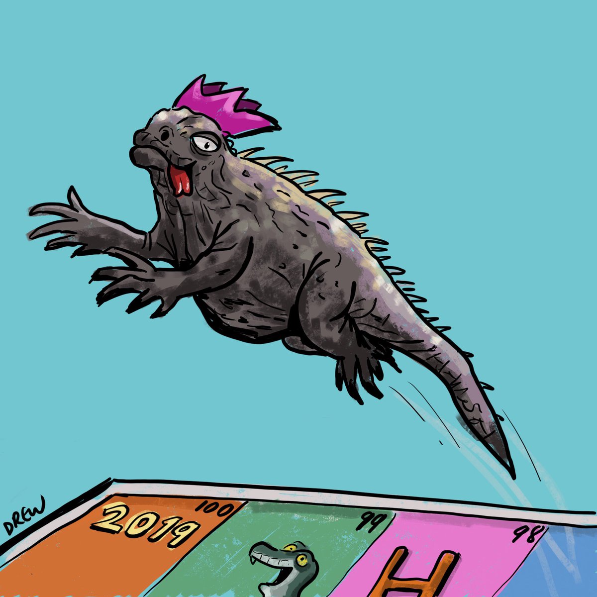 cartoonsidrew's tweet photo. @StudioTeaBreak my 2018 has been a bit like an iguana playing snakes and ladders some good, some setbacks. Looking forward to a new game in 2019 #Draw2018. https://t.co/pnEdgEF4cL
