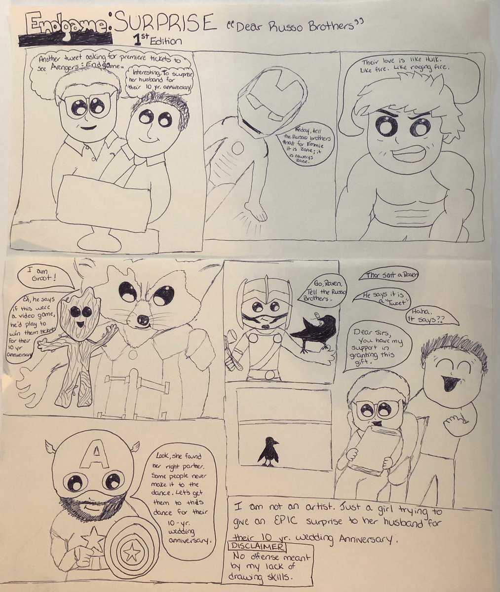 Dear <a href="/Russo_Brothers/">Russo Brothers</a> here's a comic just for you guys! Please help me surprise my husband for our 10 yr wedding anniv with tickets to the Hollywood premiere of @AV4Endgame <a href="/MarvelStudios/">Marvel Studios</a>