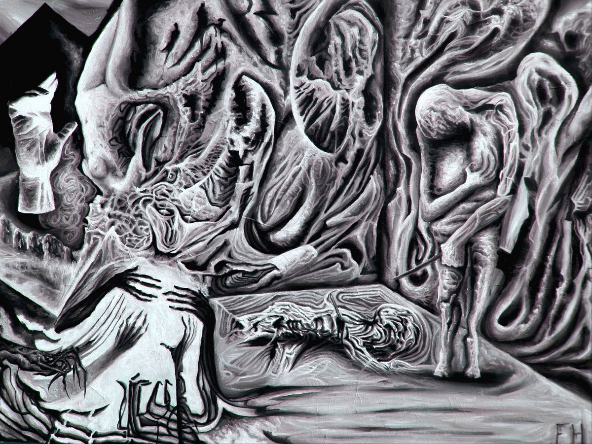 FrankHeiler's tweet photo. "Bear Witness"
Oil on Canvas
18" x 24"
Burned.
#DarkArt #Surrealism #DarkSurrealism #AbstractSurreal #murder #murderer #sinner #judgement #hell #otherworld #mental #mentalillness #corpse #dead #deadart #pyramid #lefthand #negative #darkenergy #darkwork #horror #horrorworks #bio https://t.co/YWt1VEBxuR