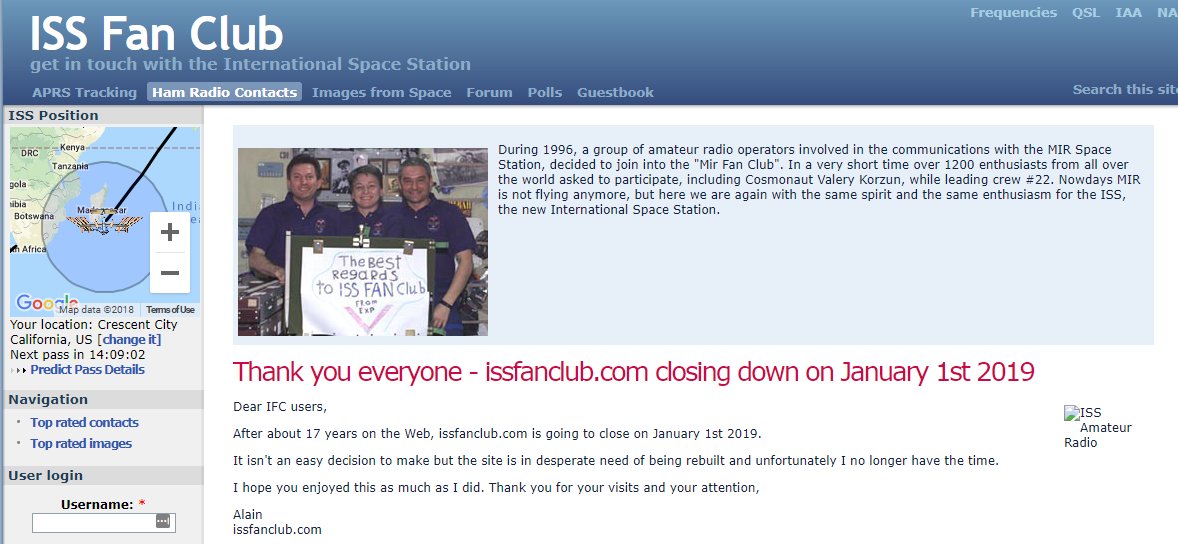 K7AGE's tweet photo. Sorry to see the ISS Fan Club site shutting down. It was always my go-to site for ISS #hamradio activity information and status. Thanks for the site. It will be missed. https://t.co/ZTDuDAjoqy https://t.co/2Gob8lJgU0