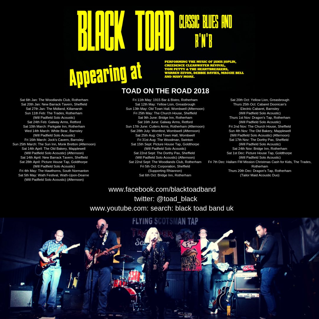 Many thanks to everyone who came out to see Black Toad, Tailor Maid or @willpadfield in 2018 @NewBarrack @thetradeslive @GalwayRetford @TWB_Barnsley @jockscavernb @thesunmonkbrett #RotherhamIsWonderful #Barnsleyisbrill #SheffieldisSuper #yorkshirehour #musichouruk #blues #rock