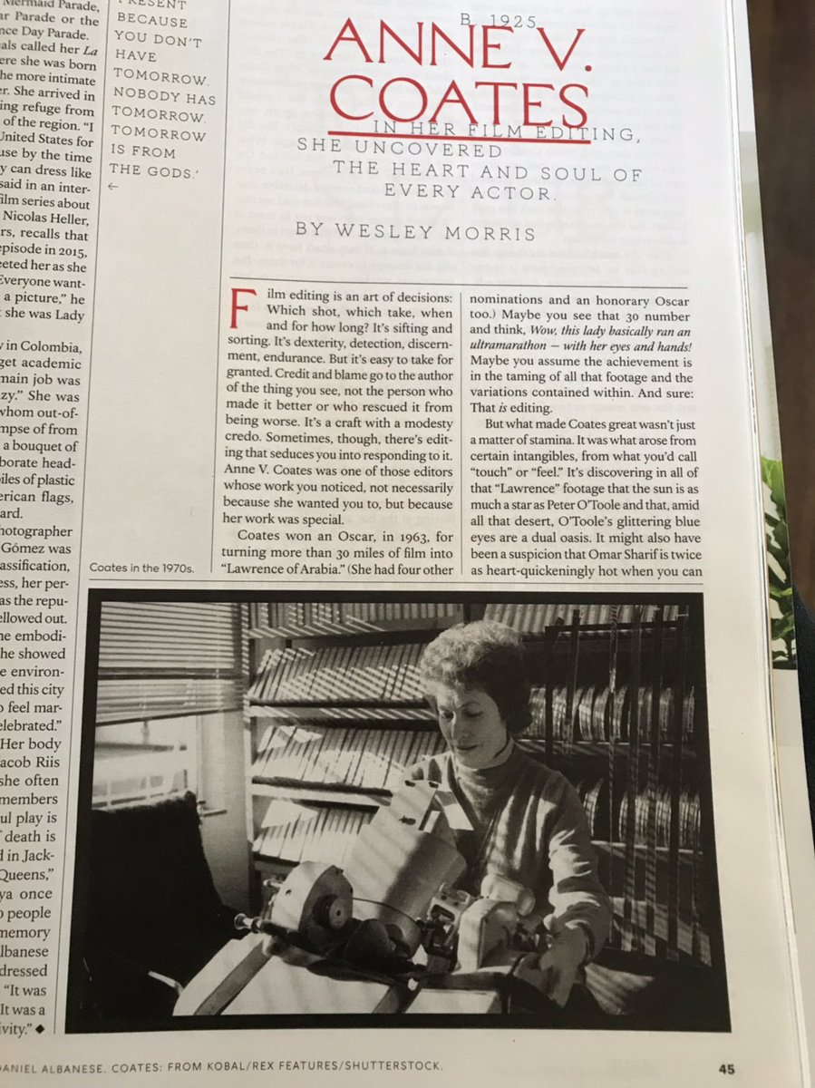 The NY Times Magazine’s year end memorial issue profiles Anne Coates.