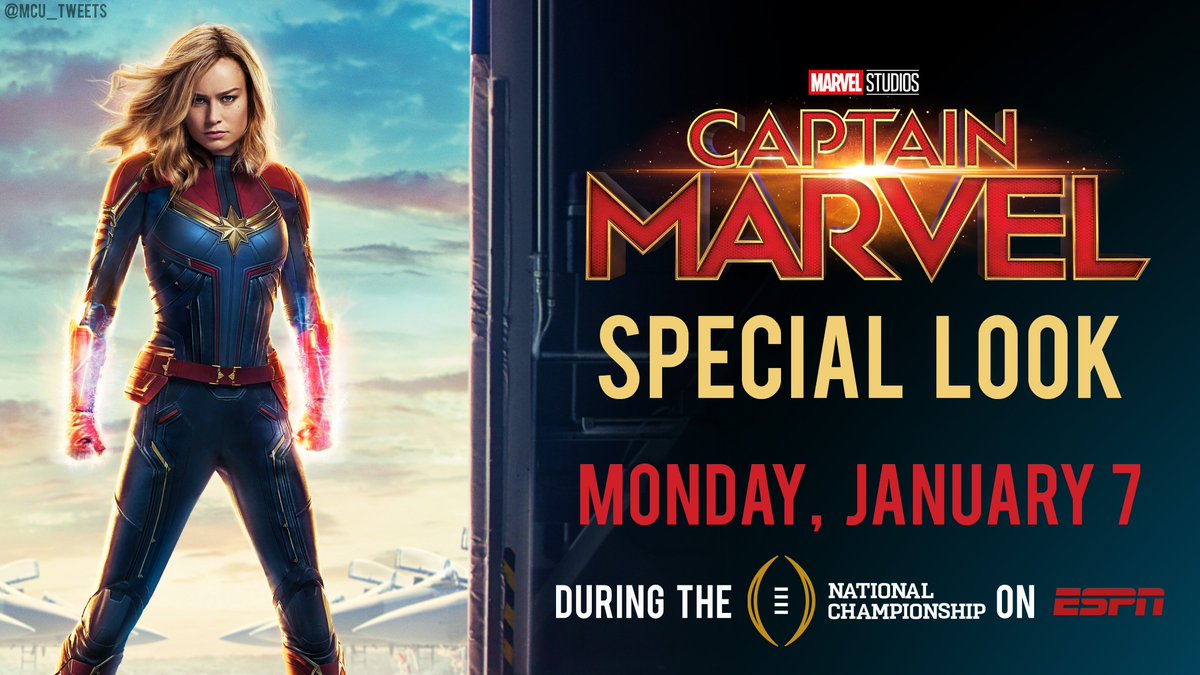 MCU_Direct's tweet photo. A new "special look" at #CaptainMarvel will air next week on @espn during the College Football National Championship!  https://t.co/UyubRq5qOU https://t.co/nBxMX84BuM