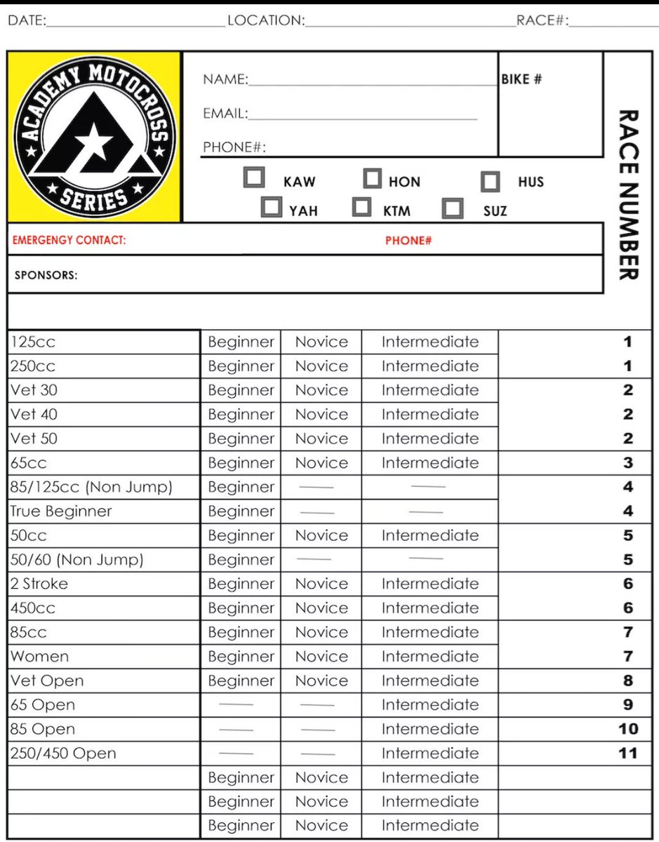 propreptmoto's tweet photo. What your sign up sheets will look like at this new series at Fox Raceway. Notice you can write in your class beneath the classes offered if you don't see your class listed. I myself will write in Senior 60 Intermediate. https://t.co/kO7kmYKoNK