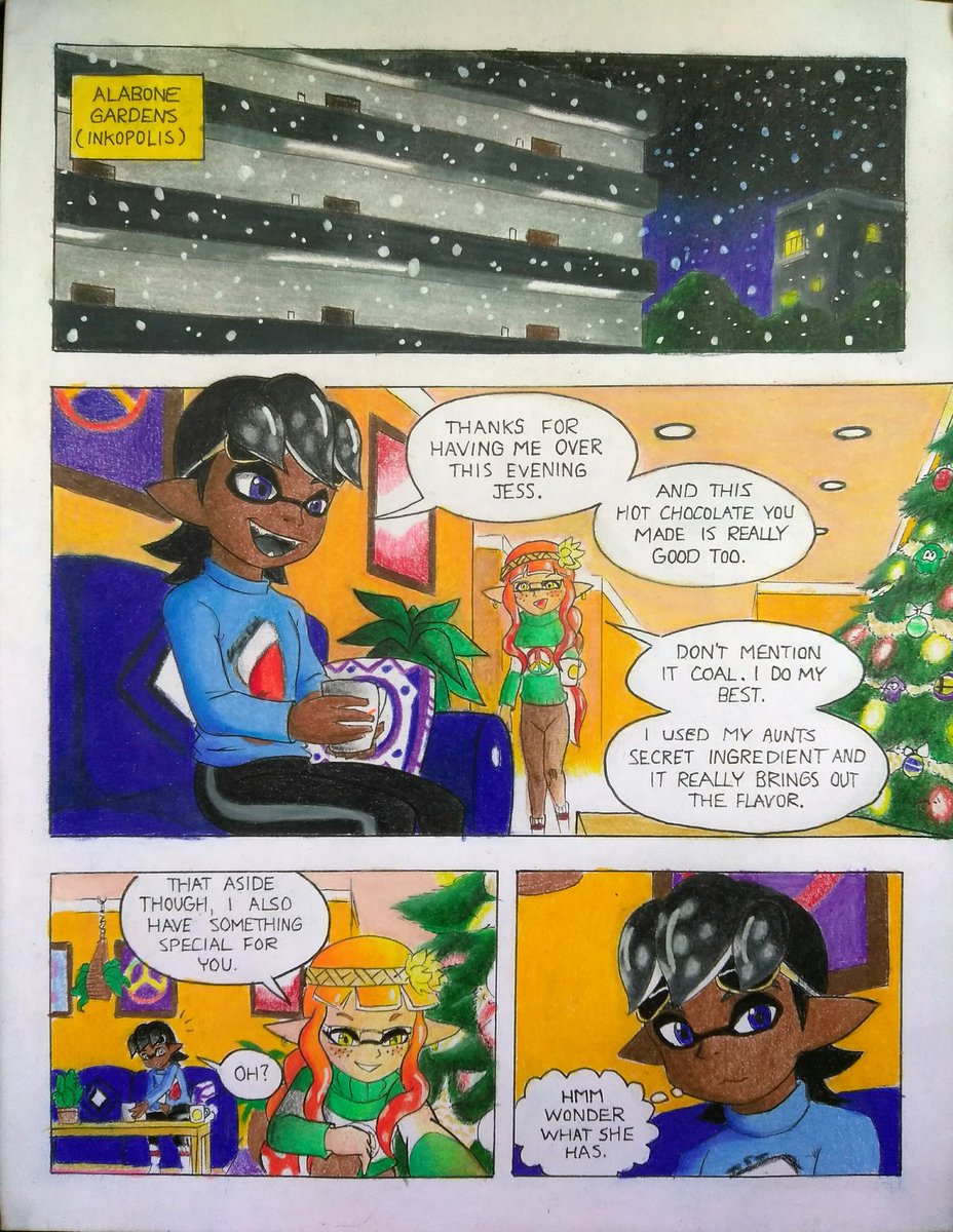 Squidtoonist's tweet photo. Splat comic: A Special Knight

It's FINALLY done! 
Final project of 2018. I understand it's late for Christmas but that's okay.^^
In this little story, Jessica has a special Squidmas gift for her bf Charcoal. ^^

Charcoal belongs to @GhostlyPhantazy 

#comicscrashcourse https://t.co/bLadBXJxxe