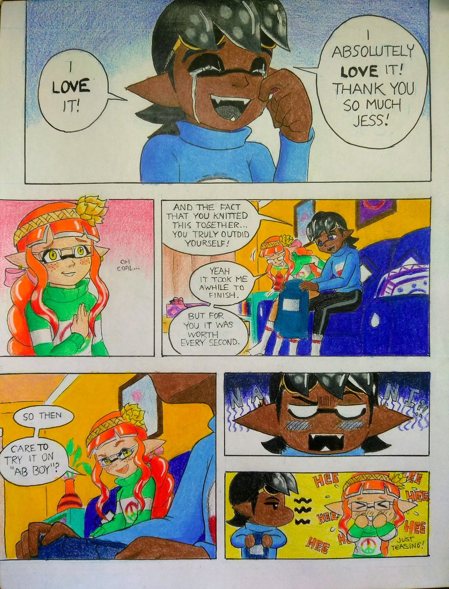 Squidtoonist's tweet photo. Splat comic: A Special Knight

It's FINALLY done! 
Final project of 2018. I understand it's late for Christmas but that's okay.^^
In this little story, Jessica has a special Squidmas gift for her bf Charcoal. ^^

Charcoal belongs to @GhostlyPhantazy 

#comicscrashcourse https://t.co/bLadBXJxxe