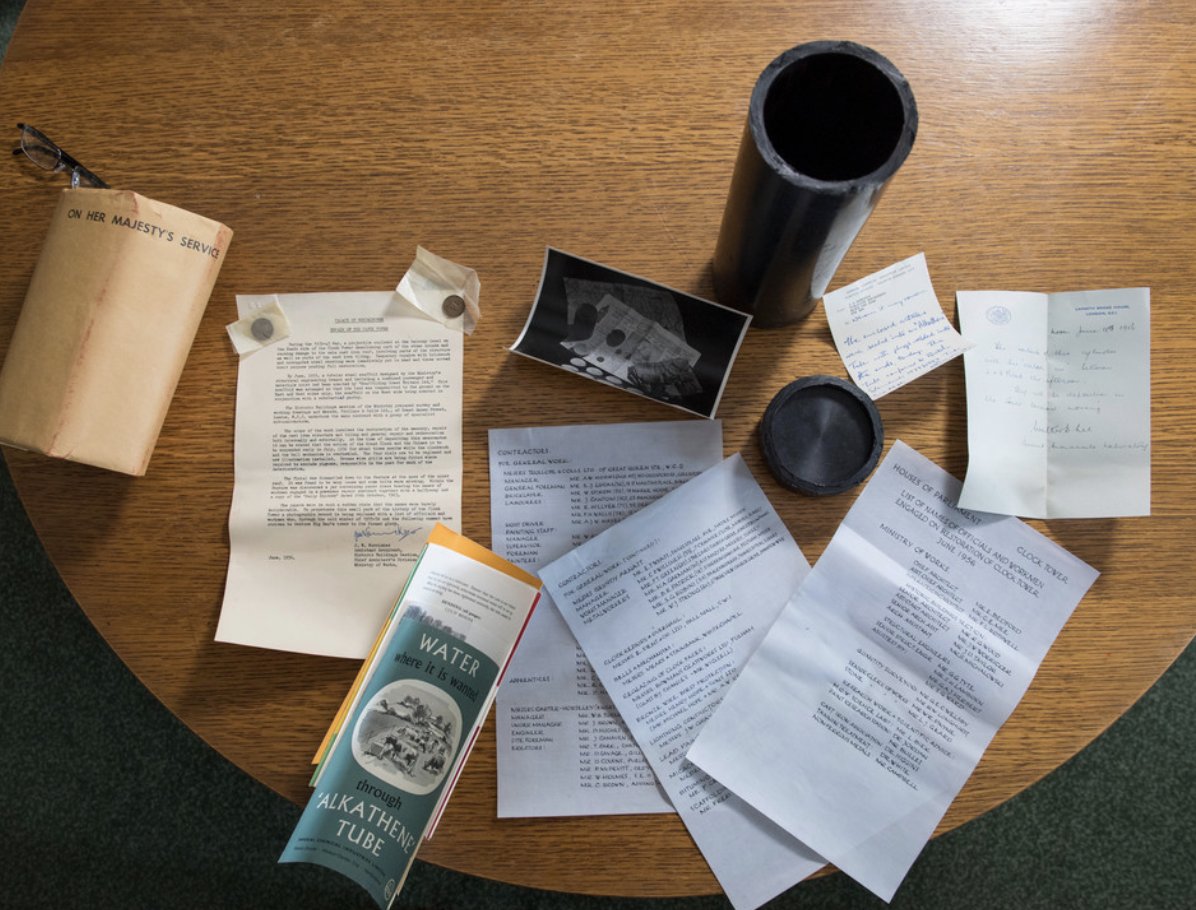 UKParliament's tweet photo. The time capsule contained the names of all the workers, a ha’penny and a copy of the Daily Express. The team started work on the Victoria Tower after the Second World War - after completion in 1955 they moved on to the Elizabeth Tower in 1956. #BigBen https://t.co/z4meCs7qZl