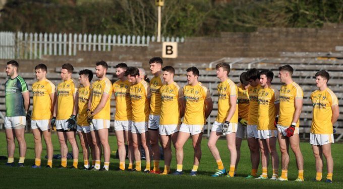 AontroimGAA's tweet image. Antrim players observed a minute silence at yesterday’s @UlsterGAA #McKennaCup game as a mark of respect to Mrs Phillis Mc Poland ,wife of former Antrim County Chairman, Hugh Mc Poland RIP.
May She rest in peace.