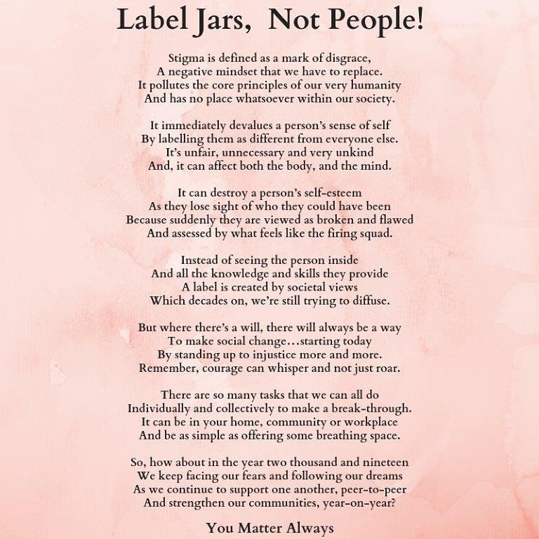 SuzieYMA's tweet photo. A wee poem that I wrote last night while sitting up waiting on my darling daughter coming home from yet another night out at 5am!
LABEL JARS, NOT PEOPLE! ❤ #YouMatterAlways #stigmafree #Stigma #endstigma #stigmaisneverokay #noplaceforstigma #mentalhealth #wellbeing #selfworth https://t.co/0hG4WowBhZ