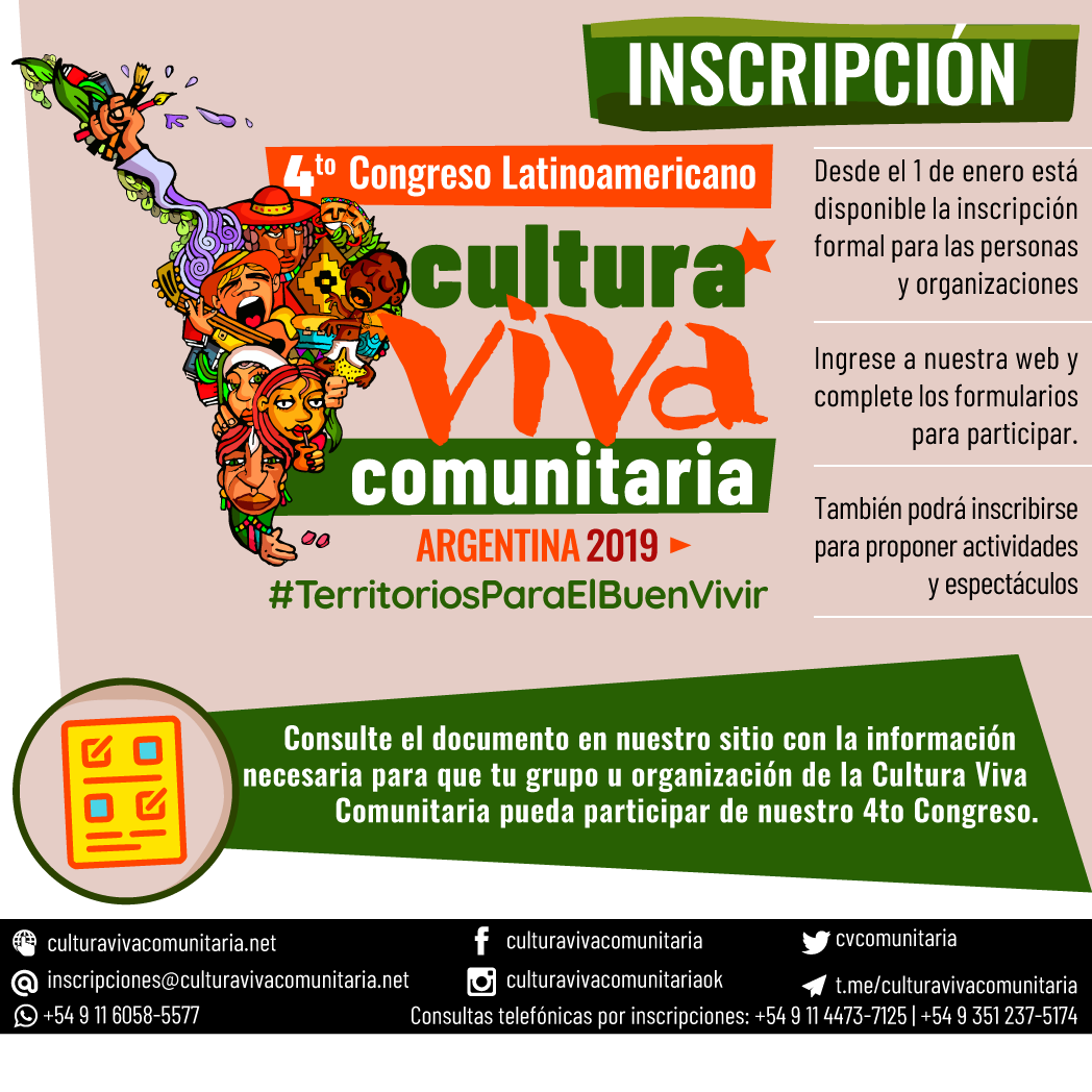 cvcomunitaria's tweet photo. ➡️ #Inscripcion para el IV #CongresoCVC #Argentina2019
➡️ Formulario en https://t.co/h94YvZQGPx
➡️ https://t.co/rDWZ0OsHvv
Para presentar actividades
➡️ https://t.co/bNCNtKsXtI
Para presentar espectáculos
➡️ https://t.co/W4FGr7sgeq
#Territoriosparaelbuenvivir https://t.co/c7UjJkkFMU